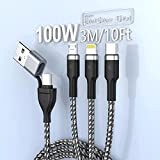 10FT 100W USB C Multi Cavo di ricarica rapida 6A PD 66W 2-in-3 Cavo di ricarica rapida universale multiplo con ...
