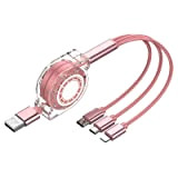 3-in-1 Retractable Charger Charging Cable with IP/Type-C/Micro-USB Port -Pink
