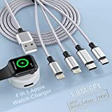 4 in 1 Multi Watch Charger, 1.8M/6FT Magnetic Watch Charger+Lightning2+Type C+Micro USB Nylon Braided iPhone Cord Adapter per Apple Watch ...