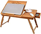 BATHWA Scrivania per Laptop in bambù, Vassoio da Letto Portatile Regolabile per servire la Colazione con cassetto Superiore inclinabile
