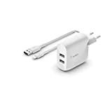 Belkin Boost Charge Doppio Caricabatteria da Parete USB-A 24 W con Cavo USB-A/Lightning (per iPhone 12, 12 Pro, 12 Pro ...