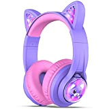 iClever Cuffie per Bambini Bluetooth, a forma di orecchie di gatto Cuffie per bambini LED si illumina, 74/85/94 dBA Volume ...