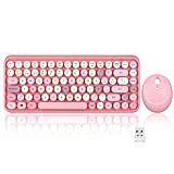 Perixx Periduo-713 - Set mouse e mini tastiera wireless 2,4 GHz, tasti retrò rotondi, rosa pastello, QWERTY