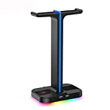 RGB Gaming Headphone Stand Dual Headset Hanger with Phone Holder & 2 USB Charger for Desktop PC Game Earphone Accessories ...