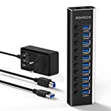RSHTECH Hub USB Attivo 3.0 con 36W(12V/3A) di Alimentazione Alluminio 10 Porte USB 3.0 Hub con Interruttori di LED e ...